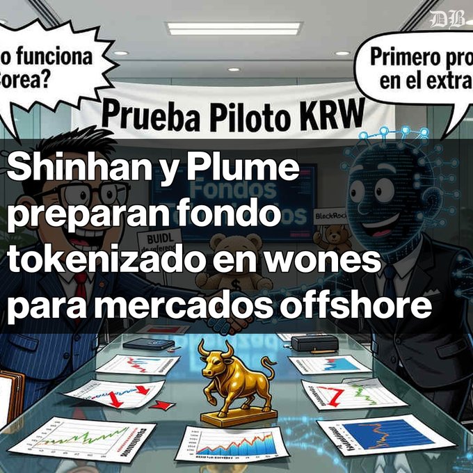 A cartoon-style illustration shows two characters at a table with a bull statue in the center, overlaid with Spanish text reading 'Shinhan y Plume preparan fondo tokenizado en wones para mercados offshore' and a banner stating 'Prueba Piloto KRW'.