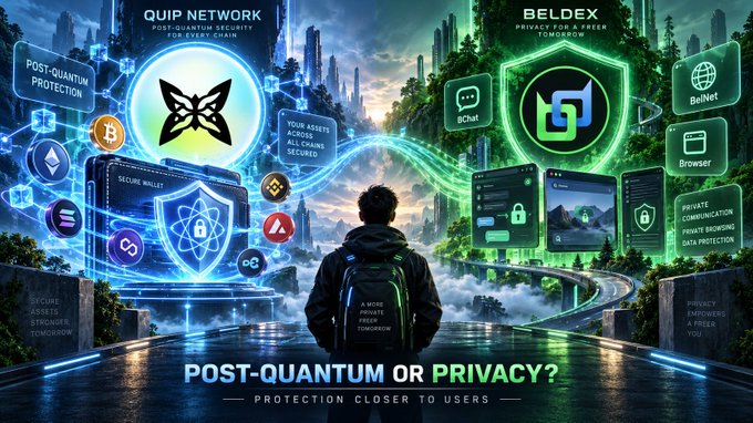 A digital artwork titled "POST-QUANTUM OR PRIVACY? PROTECTION CLOSER TO USERS" showing a figure standing between two divided futuristic cityscapes labeled "QUIP NETWORK" (post-quantum security) and "BELDEX" (privacy for a freer tomorrow).