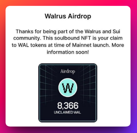 A 'Walrus Airdrop' notification graphic thanking users for being part of the Walrus and Sui community, displaying a soulbound NFT card showing 8,366 unclaimed WAL tokens.