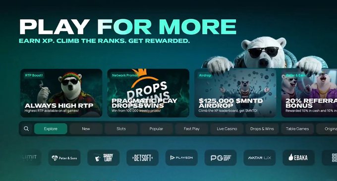 A "PLAY FOR MORE" casino/gaming website banner featuring polar bears wearing sunglasses and jackets, promoting promotions like "ALWAYS HIGH RTP," "DROPS & WINS," "$125,000 AIRDROP," and "20% REFERRAL BONUS."