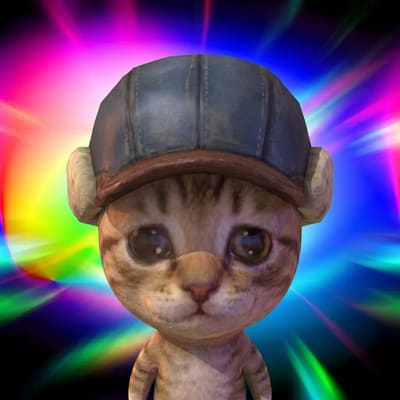 A 3D-rendered cartoon kitten wearing a denim baseball cap stands against a vibrant, multicolored starburst background.