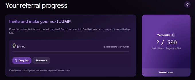 A 'Your referral progress' dashboard shows 'Invite and make your next JUMP' with 0 joined and a position of ?/500, target top 500.