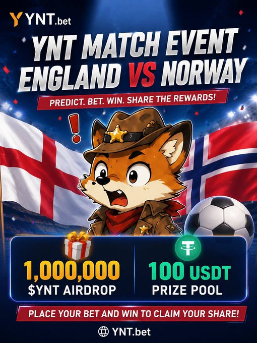 A "YNT Match Event" is advertised for England vs. Norway, featuring a promotion for a 1,000,000 $YNT airdrop and a $100 USDT prize pool, encouraging users to predict, bet, and win at YNT.bet. The image directly showcases the event and the advertised rewards.
