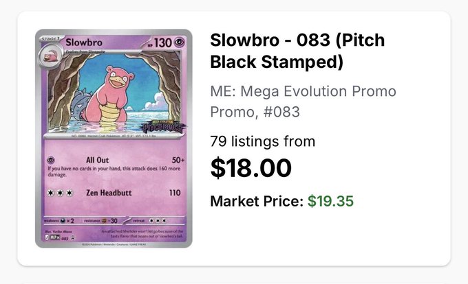 A product listing for a Slowbro - 083 (Pitch Black Stamped) Pokémon card, ME: Mega Evolution Promo Promo, #083, with 79 listings starting from $18.00 and a market price of $19.35.
