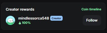 The image shows a Pump.fun creator rewards panel for "mindlessorca548," who is labeled as the Creator holding 100% of the token supply, which the post references as evidence that despite $COBIE reaching a 1.2M market cap after Ansem's retweet, the dev retains full control without distributing the 65% supply.