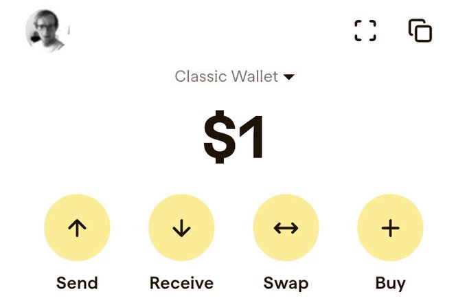 The image shows a white background with a black dollar sign symbolizing $1, and four yellow circles representing different actions or options related to the currency. These options include "End", "Receive", "Swap", and "Buy". The caption below the image reads "Doge to $1".