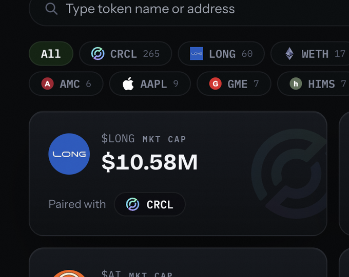 A cryptocurrency/token trading interface showing various tokens including All, CRCL (265), LONG (60), WETH (17), AMC (6), AAPL (9), GME (7), and HIMS (7), with details for $LONG showing a market cap of $10.58M paired with CRCL.