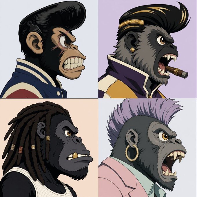 Four stylized cartoon portraits display gorilla-human hybrid characters with distinct hairstyles, expressions, and accessories like a cigar, gold tooth, and hoop earring.
