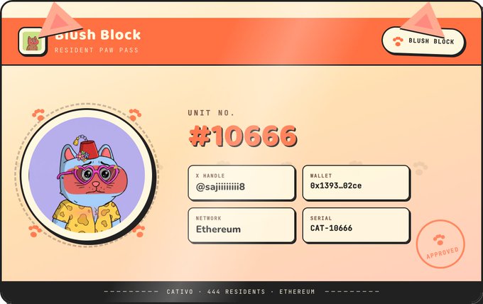 A digital 'Blush Block Resident Paw Pass' certificate featuring a cartoon cat wearing glasses and a yellow shirt, with Unit No. #10666, X Handle @sajiiiiiii8, wallet address 0x1393...02ce, Ethereum network, and serial CAT-10666.