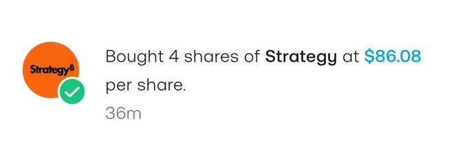 A notification shows a purchase of 4 shares of Strategy ($MSTR) at $86.08 per share, totaling $344.32, posted 36 minutes ago. The image confirms the post's claim of buying 4 MSTR shares at this price point, representing what the poster calls their lowest share price acquisition.