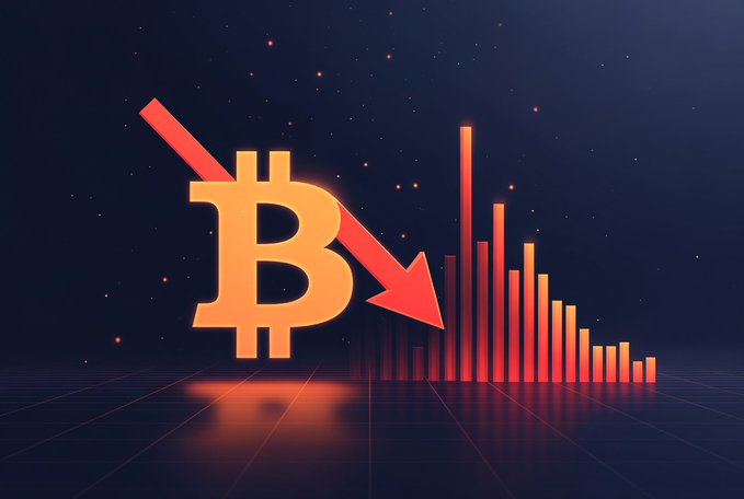 The image shows a graph with Bitcoin's value decreasing over time. There are two bars in the image, one representing the initial Bitcoin price which decreased by 11.4% and another bar showing the subsequent drop of Futures interest, indicating that most of the leverage is being liquidated from the market. This situation has led to a notable decrease in trade activity in the cryptocurrency space. The image suggests a scenario where financial markets are experiencing significant decline due to factors affecting Bitcoin's value, and other financial instruments like Futures have suffered a corresponding drop in interest.