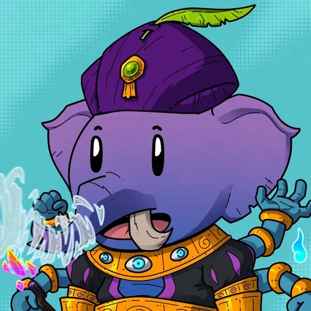 A cartoon illustration of a purple elephant-like character wearing a turban with a green gem, a golden collar, and multiple arms holding magical items.