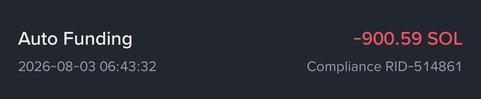 The image shows an "Auto Funding" deduction of −900.59 SOL from a user's account (Compliance RID-514861) on 2026-08-03, which corresponds to the claimed unauthorized withdrawal of 900 SOL from the user's Binance account mentioned in the post.