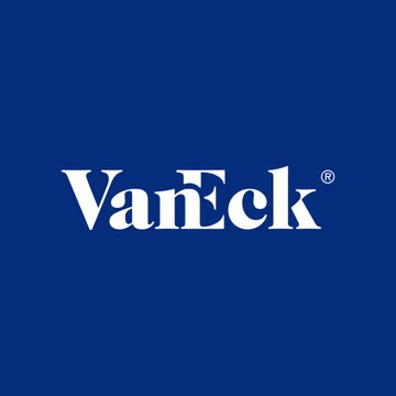The VanEck logo displayed in white text on a solid dark blue background.