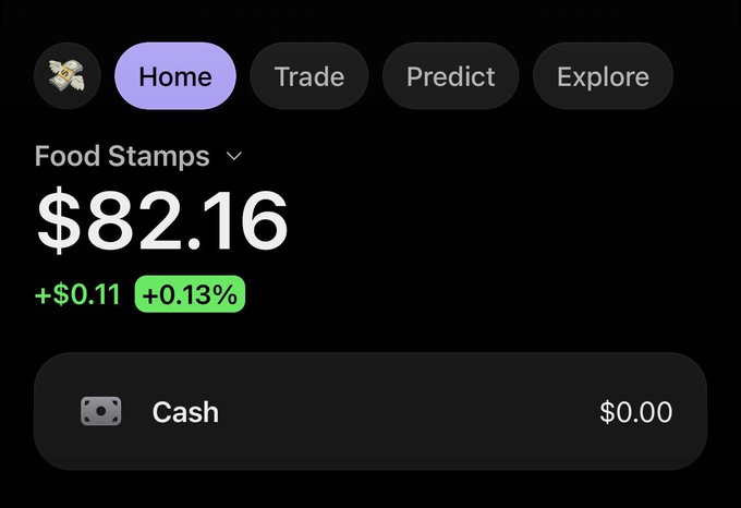 The image shows a portfolio app displaying a "Food Stamps" holding valued at $82.16, up $0.11 (+0.13%), with $0.00 cash. This humorously visualizes the "1 SOL & a dream" sentiment by showcasing a modest crypto portfolio balance, illustrating the speculative, low-budget nature of the trading dream referenced in the post.