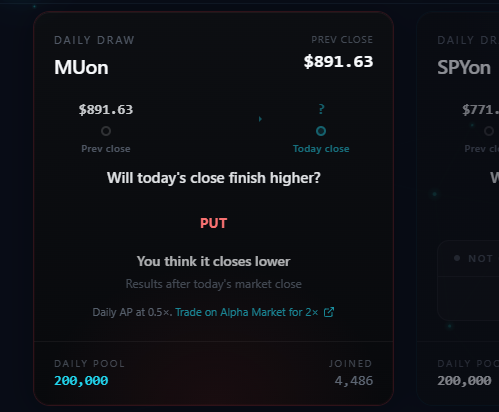 A screenshot from a trading app shows the MUon 'Daily Draw' with a prev close of $891.63, displaying a 'PUT' option indicating the user thinks it will close lower, with a daily pool of 200,000 and 4,486 joined.
