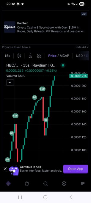 A mobile screen shows a crypto chart for the token HBC with a 0.58% increase to $0.00001215, featuring an advertisement for Rainbet Crypto Casino & Sportsbook at the top.