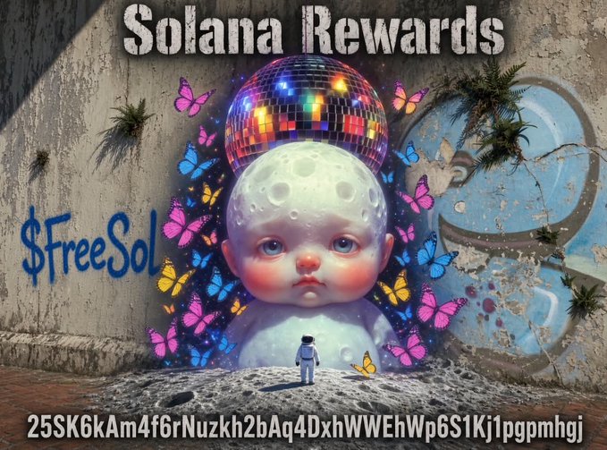 A street art mural on a weathered wall featuring a baby with a disco ball head surrounded by colorful butterflies, with text reading 'Solana Rewards', '$FreeSol', and a long alphanumeric string '25SK6kAm4f6rNuzkh2bAq4DxhWWEhWp6S1Kj1pgpmhgj'.