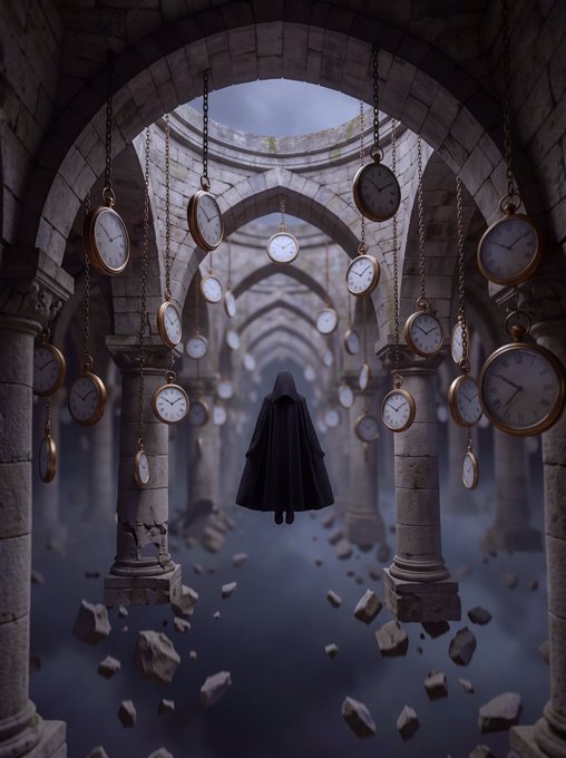 A digital artwork showing a cloaked figure standing in a stone colonnade, surrounded by floating pocket watches and falling debris under a cloudy sky.