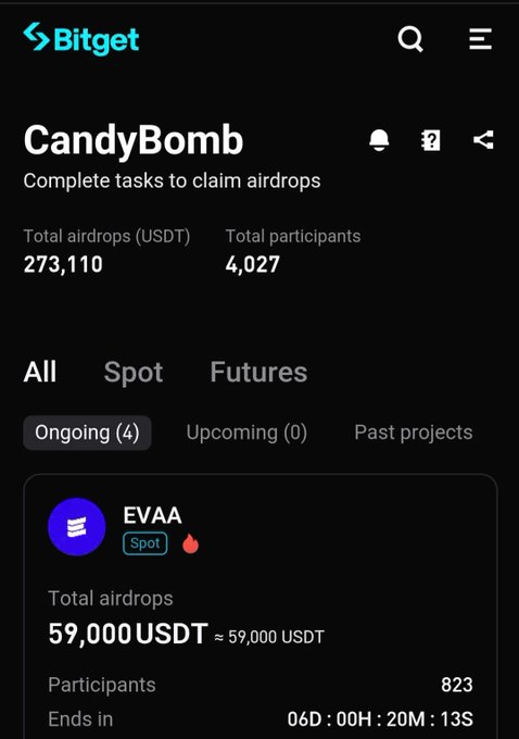 Screenshot of the Bitget CandyBomb airdrop page showing total airdrops of 273,110 USDT, 4,027 participants, and an ongoing EVAA Spot campaign offering 59,000 USDT with 06D:00H:20M:13S remaining.