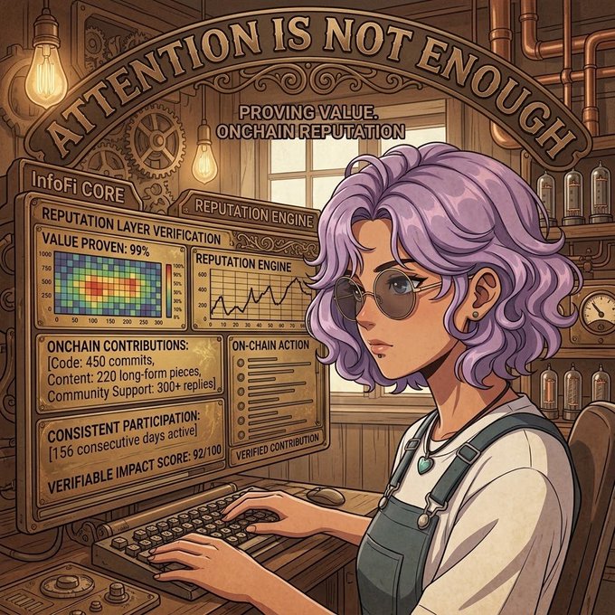 An illustration of a purple-haired woman with glasses working at a vintage typewriter, with displays showing 'InfoFi CORE', 'REPUTATION LAYER VERIFICATION', 'VALUE PROVEN: 99%', 'ONCHAIN CONTRIBUTIONS', and the headline 'ATTENTION IS NOT ENOUGH' with subtitle 'PROVING VALUE, ONCHAIN REPUTATION'.