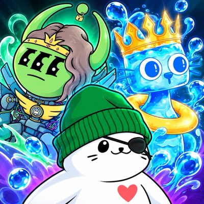 A colorful digital illustration features three cartoon characters: a green horned warrior, a blue crowned water creature with bubbles, and a white seal wearing a green beanie, eyepatch, and heart shirt.