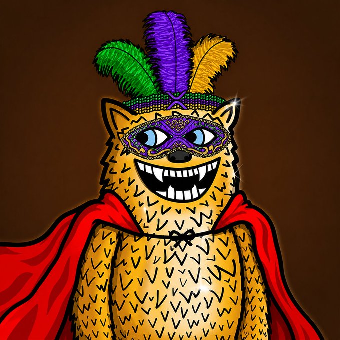 The image features a cartoon cat wearing a mask, hat, and cape with feathers. The cat has a big smile on its face and appears to be dressed up for an event or party. The background of the image is brown, which complements the overall color scheme of the cat's outfit.