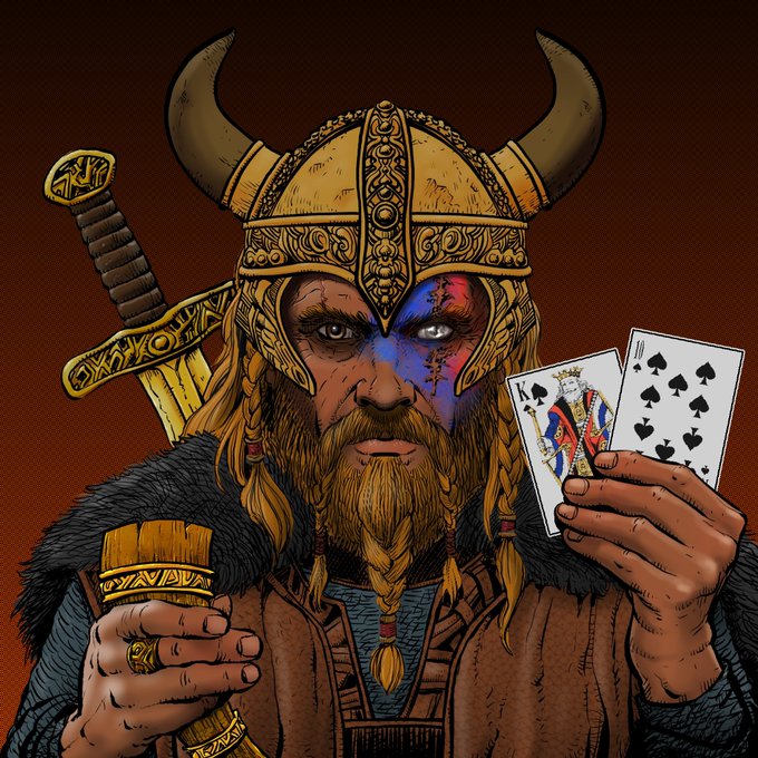 The image shows a man dressed as a Viking warrior holding two playing cards, possibly poker chips or dice, with his hands. The background of the image has a dark brown color, which contrasts with the bright colors used for the illustration. The post mentions that this collection is available on @OnionXLabs marketplace and includes 1,000 unique NFTs crafted by the artist @StanWilscott.