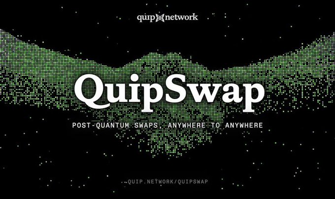 A QuipSwap promotional graphic with a green dotted wave design on a black starry background, advertising 'POST-QUANTUM SWAPS ANYWHERE TO ANYWHERE' with the URL quip.network/quipswap.