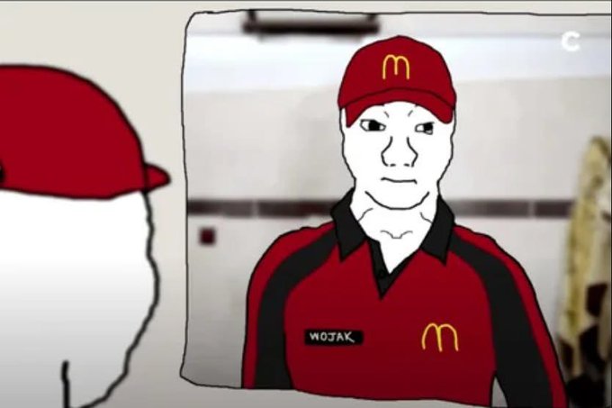 The image features a man wearing a red shirt with a McDonald's logo and a red hat. He appears to be a McDonald's employee or worker. The caption below the image reads "Welcome back to employment, crypto bro." This phrase seems to be related to the current situation of the COVID-19 pandemic, where many people are working from home due to social distancing measures.