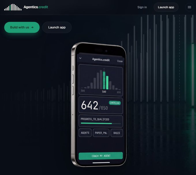 A website interface for 'Agentics.credit' showing a smartphone displaying a credit score of 642/850, with navigation buttons for 'Build with us' and 'Launch app.'