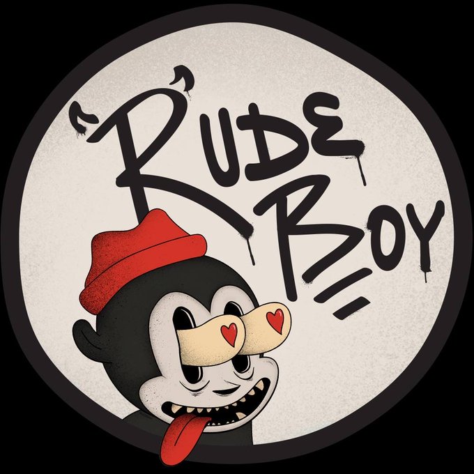 A circular logo featuring a cartoon monkey wearing a red beanie with heart-shaped eyes and its tongue sticking out, alongside graffiti-style text reading "Rude Boy." The playful, rebellious mascot ties directly into the post's promotion of the RudeBoy NFT collection as the first to mint on the XRP Ledger via XRP Cafe.