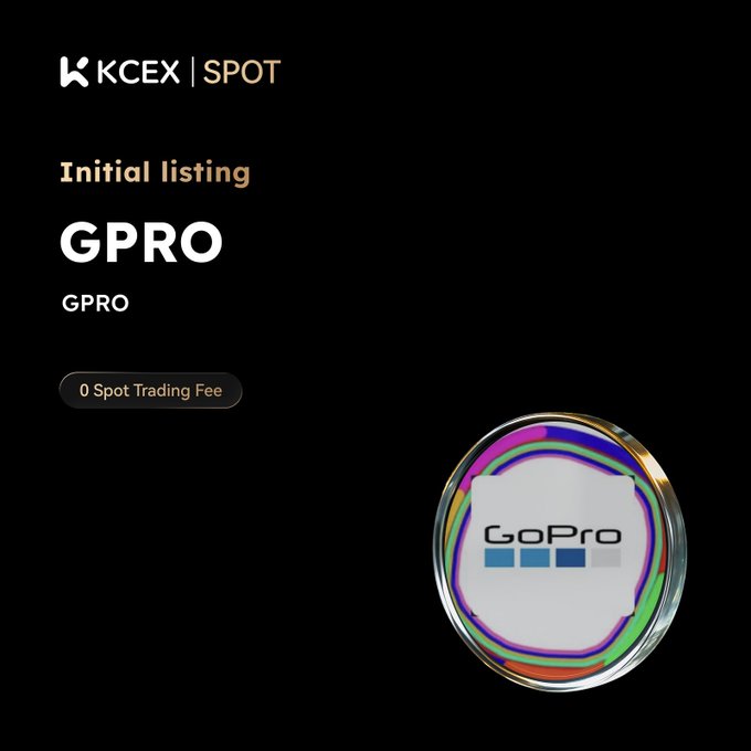 KCEX Spot exchange announcement for the initial listing of the GPRO token, highlighting zero spot trading fees with a GoPro-branded coin graphic.