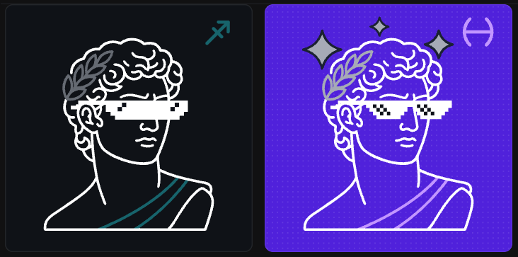 Two profile illustrations of a classical bust with a laurel wreath and pixelated 'thug life' sunglasses, one with a black background featuring a Sagittarius symbol and the other with a purple background featuring a Pisces symbol.