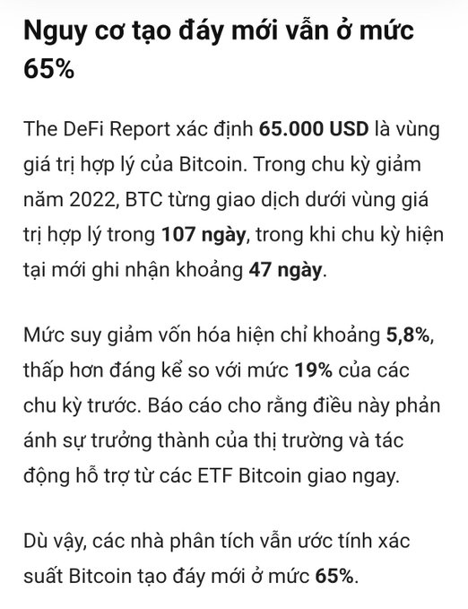 Vietnamese text discussing the probability of Bitcoin forming a new bottom at 65%, referencing The DeFi Report's $65,000 fair value assessment, the 2022 bear market lasting 107 days below fair value versus the current 47 days, and a 5.8% equity drawdown compared to 19% in prior cycles.