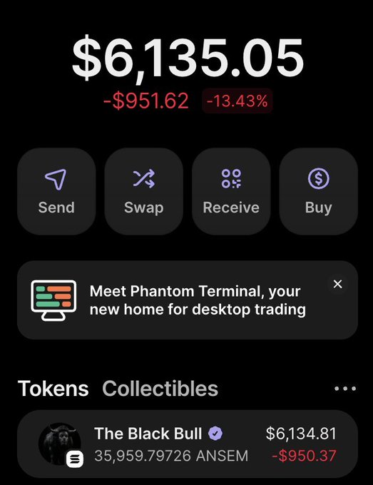 A Phantom wallet screenshot displays a balance of $6,135.05, down $951.62 (-13.43%), with a holding of 35,959.79726 $ANSEM tokens ("The Black Bull") valued at $6,134.81, illustrating the receipt of the $6K worth of $ANSEM tokens referenced in the post.