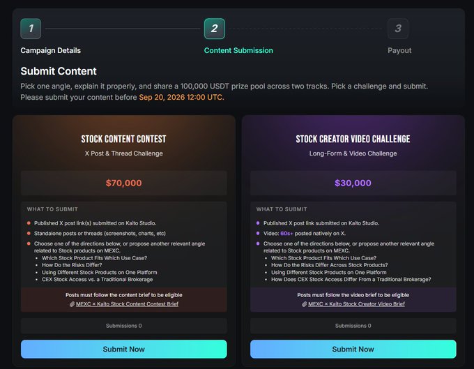 A submission page for a content contest with two tracks: a 'STOCK CONTENT CONTEST' ($70,000 prize) and a 'STOCK CREATOR VIDEO CHALLENGE' ($30,000 prize), both requiring submissions on Kaito Studio before Sep 20, 2026.