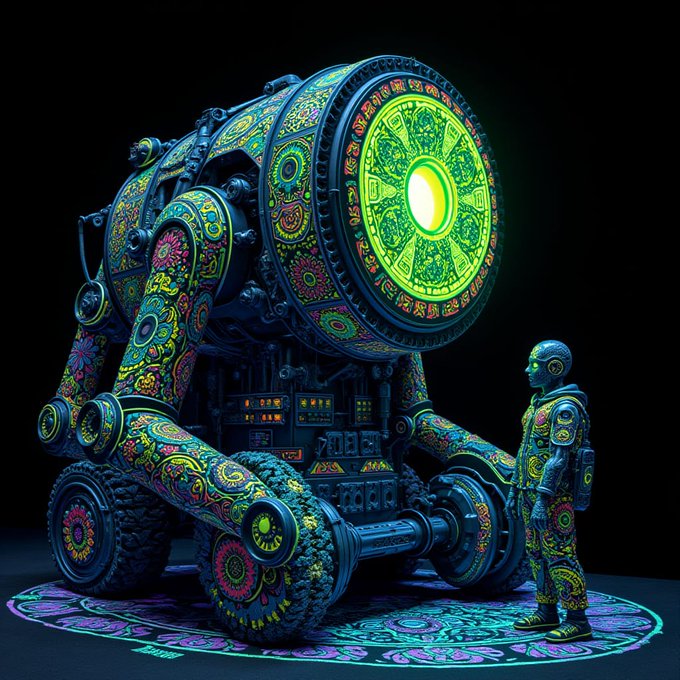 A psychedelic, intricately decorated mechanical device with glowing green and yellow patterns stands next to a matching suited figure, illuminated against a dark background with a neon mandala on the floor.