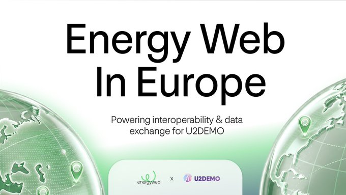 A promotional graphic featuring "Energy Web In Europe" as the headline, with the tagline "Powering interoperability & data exchange for U2DEMO" displayed above the Energy Web and U2DEMO logos, flanked by stylized green globes representing European geography. The visual reinforces the announcement about Energy Web's blockchain-based digital identity infrastructure supporting the U2DEMO initiative across Europe.