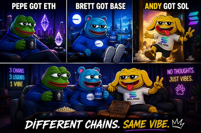A meme featuring Pepe (ETH), Brett (BASE), and Andy (SOL) sitting together with the text "DIFFERENT CHAINS. SAME VIBE." and "3 CHAINS, 3 LEGENDS, 1 VIBE."