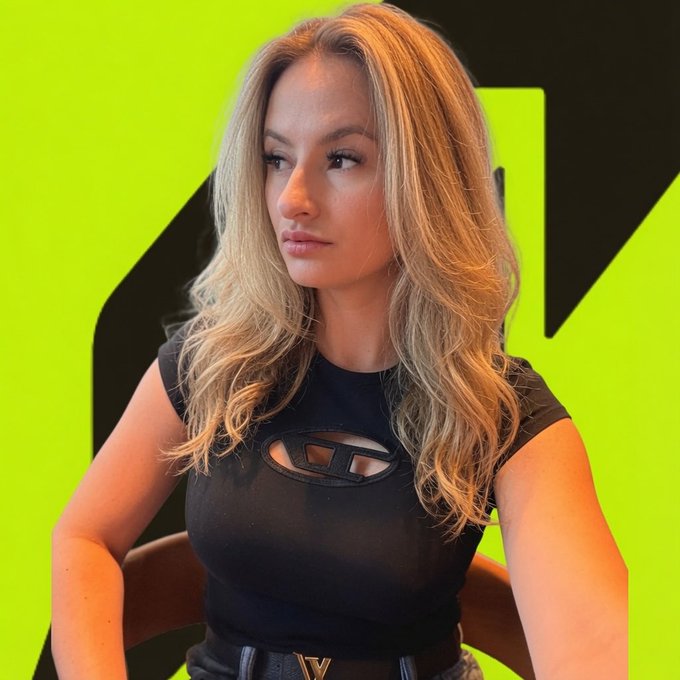 A woman is shown posing in front of a bright green and black background with the Diesel logo visible. The accompanying post asks about "bull posting Robinhood," implying the image is related to investing or financial markets.