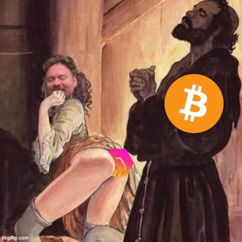 A classical painting has been edited into a meme with Bitcoin and cryptocurrency logos overlaid on the figures.