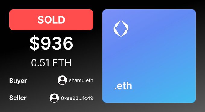 A digital transaction receipt showing an item sold for $936 (0.51 ETH) on the Ethereum blockchain, with the buyer listed as shamu.eth and the seller as 0xae93...1c49.