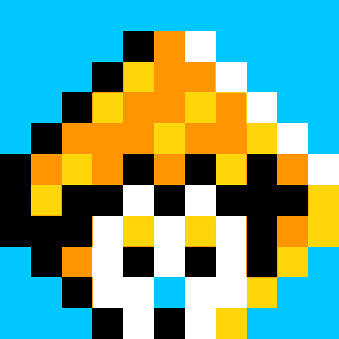 Pixel art rendering of what appears to be Mario from Super Mario Bros, shown in orange, yellow, white, and black pixels against a bright cyan background.