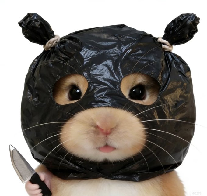 A hamster wearing a black plastic bag as a mask holds a knife, humorously captioned as a "BNB robber" demanding crypto for a GG (good game) donation, tying into the Binance-themed post.