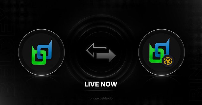 A promotional graphic for Beldex shows two circular logos connected by a double-ended arrow, with "LIVE NOW" and "bridge.beldex.io" displayed below, while the accompanying text explains this is the currently active bridge connecting Beldex to BNB Smart Chain, with a trustless on-chain bridge planned for Q4 2026.