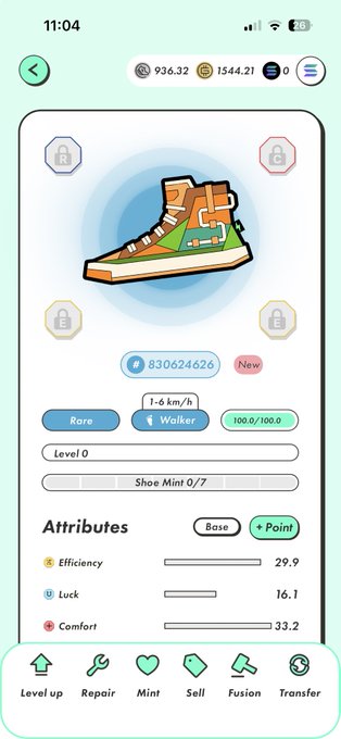 The image shows a white phone screen displaying an app called "New Baby's Stepn", which has a cartoon shoe as its main feature. The app also includes various buttons, such as "Up", "Down", "Left", "Right", "Home", and "End". There is a small amount of text on the screen that reads "11:04" and "9:22".
