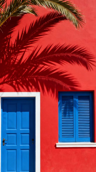 A vibrant architectural scene featuring a bright red wall, a blue door, and blue window shutters, with palm fronds casting dramatic shadows.