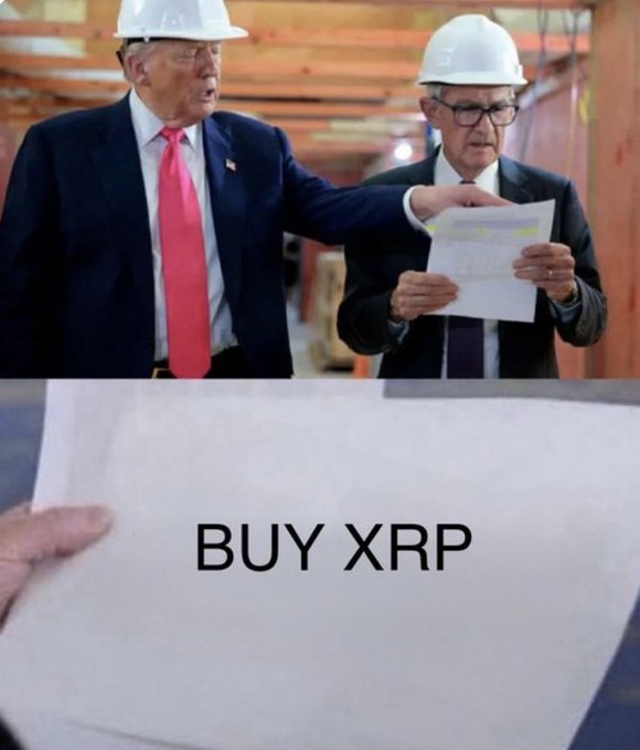 Two men in suits and hard hats examine a document in a construction site setting. The bottom panel zooms in on the paper, revealing the text "BUY XRP," humorously tying to the post's satirical claim about Trump repaying the national debt with XRP through a "quantum financial system."