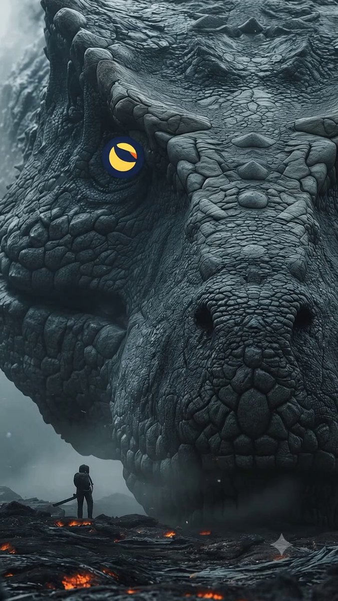 The image features a large, dark-colored dinosaur head with yellow eyes staring directly at the camera. A person can be seen standing next to the dinosaur's face, possibly observing or interacting with the creature. The background of the photo appears to be a rocky area with orange and red hues, which could suggest that it is set in an environment resembling a volcano or a desert landscape.

The post "Gm $LUNC ARMY" seems to be related to this image as it contains text about a character named Gm who is part of the $LUNC ARMY. The connection between the dinosaur head and the character Gm might suggest that they are both associated with the same theme or story, possibly involving a dangerous encounter or adventure in an extreme environment.